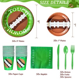 LFSTGN 350 PCS Football Party Decorations, Plates and Napkins Sets Includes Plates Dessert Plates Napkins Cups Plastic Knives Forks Spoons Disposable Dinnerware Set For Football Party (50 Guest)