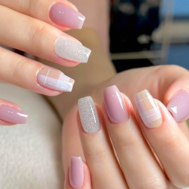 RUOKEXIN Medium Coffin Press on Nails Pink Fake Nails Silver Glitter False Nails with Designs Coffin Nail Press ons Full Cover Glue on Nails Glossy Artificial Nails Cute Stick on Nails for Women 24Pcs