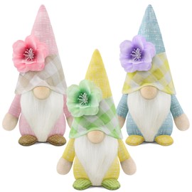 Gehydy Decorative Spring Gnome Figures, Set of 3, Flowers, Spring Decoration, Easter Gnome Decoration, Easter Accessories for Home, Kitchen, Green