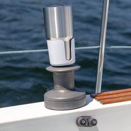 Winch Caddy Plus Drink Holder for Sailing Winches and Scotty Fishing Rod Mounts - Holds Coffee Mugs, Tumblers, and Koozies (White)