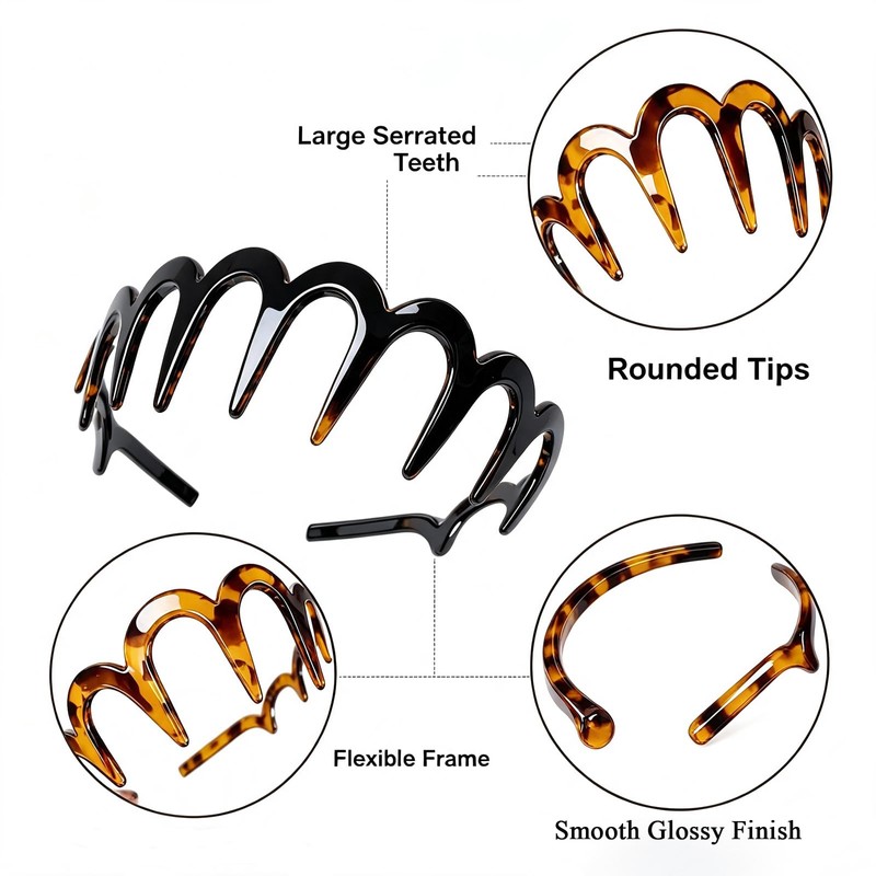 Wide Tooth Headbands 2 Pack Glossy Black & Amber Comb