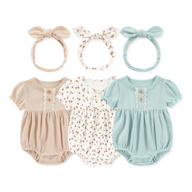 MAMIMAKA 3 Pack Newborn Clothes Cotton Floral Short Sleeve Bodysuit with Headband, 18-24 Months