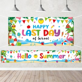 WATINC End of School Year Backdrop - 2Pcs Xtralarge Happy Last Day of School Party Decorations, Hello Summer Background Decorations for Party Photo Booth Props (79 X 45 Inch, 118 X 18 Inch)