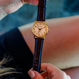 Miykon Gold Casual Analog Watches for Men - Minimalist Easy Reader Mens Dress Watches with Gold Dial & Brown Genuine Leather Strap - Ion Polished, Japanese Quartz, Waterproof to 100ft