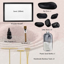 Artcome Japanese Zen Sand Garden for Desk with Rake, Stand, Rocks and Mini Furnishing Articles - Office Table Accessories, Mini Zen Sand Garden Kit - Meditation Gifts