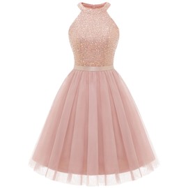 Dressystar Women's Short Sequin Tulle Halter Homecoming Cocktail Party Dress SQ68 Blush L