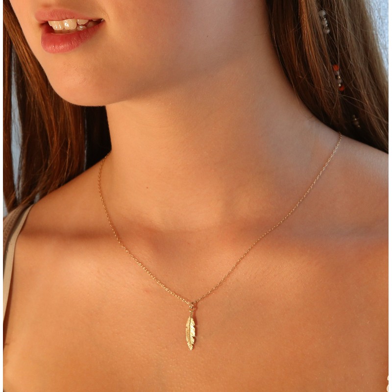 Customize Feather Necklace Gold Filled Dainty Feather Pendant Chain Boho