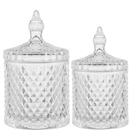 rejomiik Qtip Holder Glass Apothecary Jars with Lid Bathroom Accessories Vanity Organizers and Makeup Storage for Cotton Swabs, Balls, Pads, Floss Picks, Candy, 2 Pack Small and Large Clear