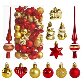 Set of 34 Christmas Baubles with Tree Topper, Diameter 3/4.5/5.5 cm, Small Christmas Tree Baubles, Plastic, Red Gold Baubles, Mini Christmas Decoration, Table Decoration, Christmas Tree Decoration