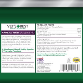 Vet’s Best Cat Hairball Relief Digestive Aid, Vet Formulated Hairball Support Remedy, Hairball Relief for Cats, Classic Chicken Flavor, 180 Chewable Tablets