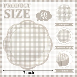 60Pcs Fall Gingham Paper Plates, Light Gray, 7 Inch