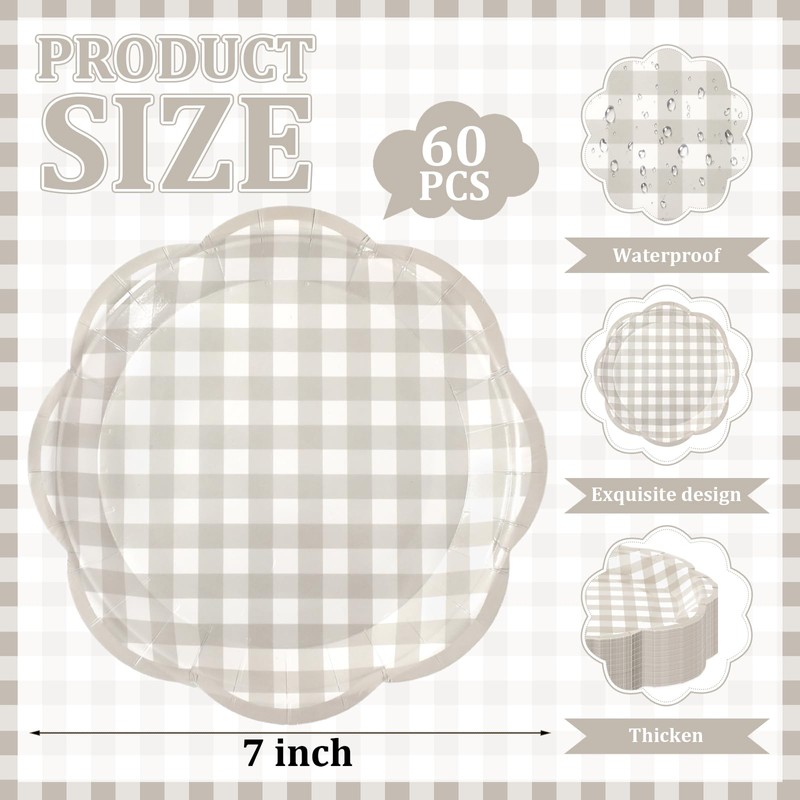60Pcs Fall Gingham Paper Plates, Light Gray, 7 Inch