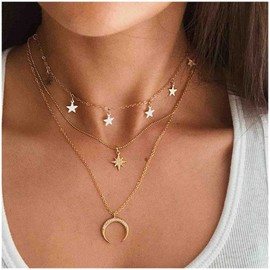 Cimenexe Bohemian Layered Moon Pendant Necklace Paved Northstar Necklace Chain Star Moon Choker Necklace Gold Star Dangle Necklace Jewellery for Women and Girls