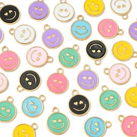 MakemadeDIY 40Pcs Smiling Face Flat Round Enamel Charms Pendants for Jewelry Making Smile Colorful Metal Charms for DIY Christmas Bracelet Necklace Earring Craft Supplies