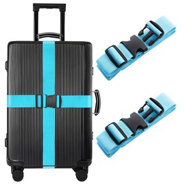 Suitcase Belt, Adjustable High Elasticity Fastening Band, Packing Band, Luggage Fastening (2 Pieces, Blue) Trunk Belt, One-Touch Type, Multi-Purpose Load Tightening Belt, Includes Name Tag, For