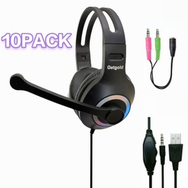 Getgold Kids Headphones with Microphone, 10-Pack, On-Ear, 3.5mm Wired 5FT Cord, Bulk Headphones for School, Classroom, Primary to University, Fit All Head Sizes (Glow 7 Colored Lights)