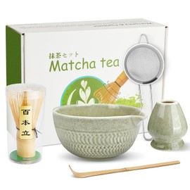 Matcha Whisk Set, Ceramic Matcha Set, Matcha Bowl with Spout, Matcha Whisk & Holder, Sifter and Bamboo Scoop, 5 Pcs Matcha Kit, Matcha Tea Ceremony Gifts for Matcha Lovers & Starter (Matcha Green)