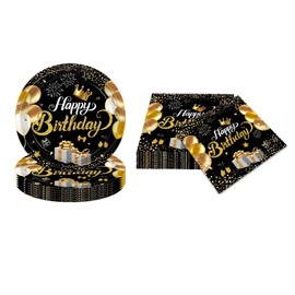 Black & Gold Happy Birthday Party Plates and Napkins - Classic Birthday Decorations for Women Boys & Girls - Elegant Party Tableware Set Included 20 Plates & 20 Napkins 丨 Serves 20 Guests