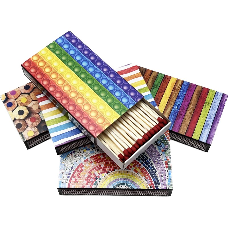 jameitop® XL Matchboxes, 10 cm with Rainbow/Pride/Peace Design Matches, Pack