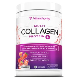 Multi Collagen Peptides Powder for Women - Hydrolyzed Flavored Collagen Powder for Women with Types I II III V & X Vitamin C & Hyaluronic Acid for Hair Skin and Nails (Strawberry) - 30 Servings