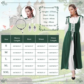 Joellfuner Medieval Women's Dress, Renaissance Corset Dress with Trumpet Sleeves, Medieval Costumes Women with Elf Ears, Flower Wreath, Chain, Headpiece for Carnival