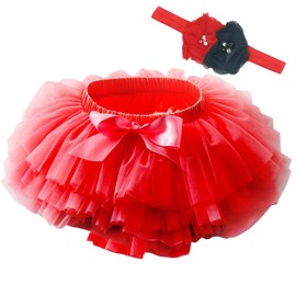 Beganly Baby Girls Soft Fluffy Ruffle Tulle Skirt with Nappy Cover Toddler Princess Party Tutu Sets with Flowers Headband, red, 12- 24 Months