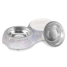 SAVORI Small Dog Bowls Pink, Handmade Bling Rhinestones Stainless Steel Pet Bowls Double Food Water Feeder for Puppy Cats Dogs Cats