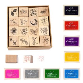 HRJZF of 24 Pcs Rubber Stamp and Craft Ink Pad Set 16 Pcs Wooden Rubber Stamps 8 Pcs Ink Pad for Craft DIY Card and Scrapbooking