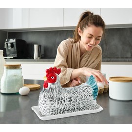 Chicken Butter Dish With Lid For Countertop Hen Shaped Ceramic Butter Dish Covered Butterdish White Butter Tray Cute Butter Keeper Elegant Mantequillera Con Tapa (Henshaped, Large)