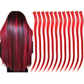 12 Pcs Straight One Color Party Highlights Clip on in Hair Extensions Colored Hair Streak Synthetic Hairpieces for Women Kids Girls (Red)