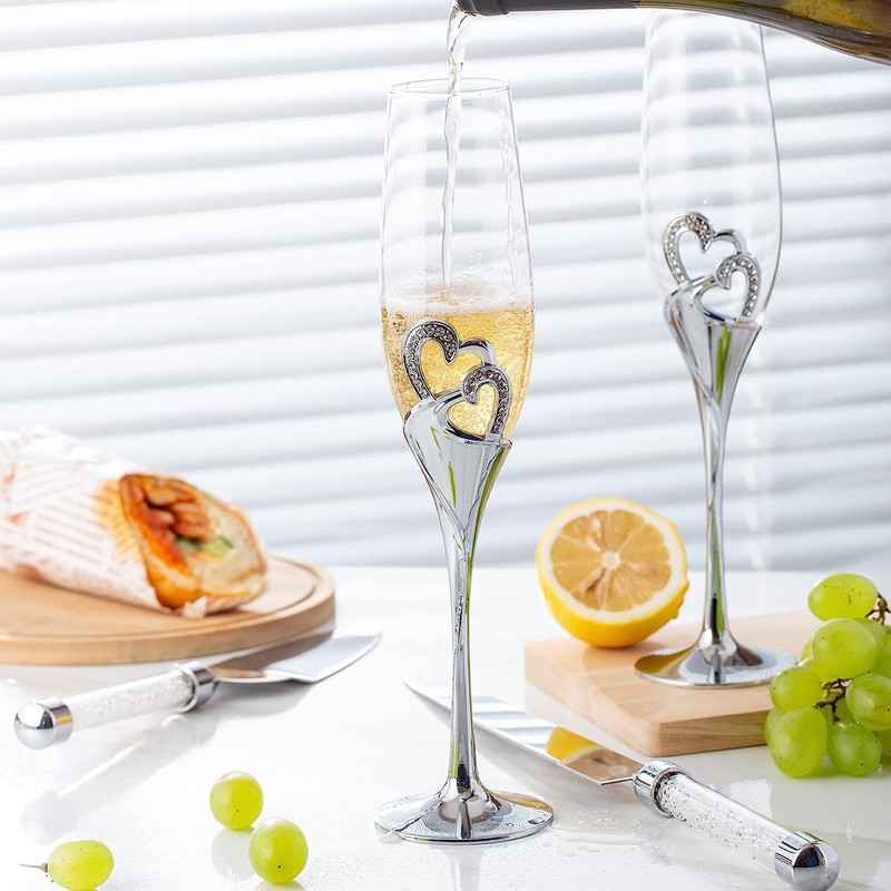 ukgiftstoreonline Double Heart Wedding Champagne Flute with Sparkling Crystals