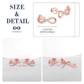 INFINIONLY Women's girl's Earrings Studs, 925 silver earrings, infinity symbol earrings studs, infinity symbol earrings decorative with rose flower, Inlaid Zircon, rose gold