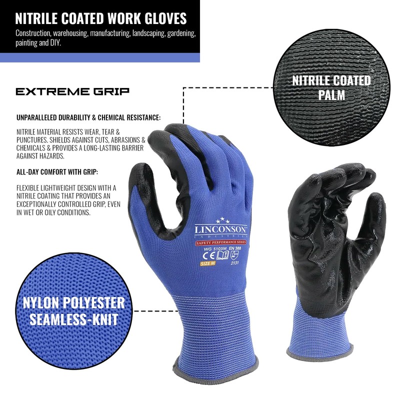 LINCONSON 12 Pack Extreme Grip Lightweight Nitrile Coated Construction &