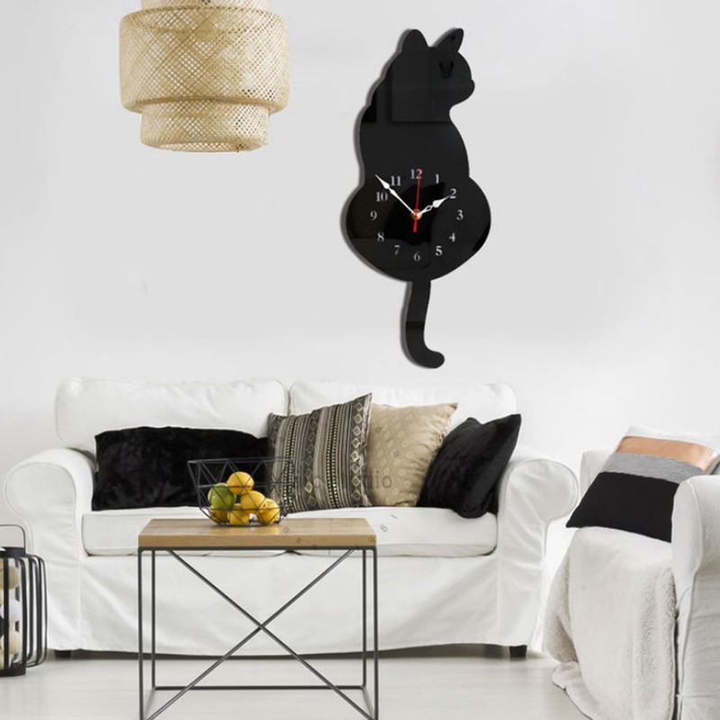 LOVIVER Wagging-Tail Cat Quartz Wall Clock for Decor, Black Cat