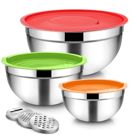 TeamFar Mixing Bowls, Stainless Steel Nesting Salad Bowls with Lids Set & 3 Grater Attachments, For Mixing/Serving/Storing, Non-toxic & Long-lasting, Size 4.6/3 / 1.5 QT, Colorful
