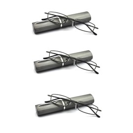 EYE ZOOM 3 Pack Readers Ultra Slim Compact Lightweight Tube Reading Glasses with Portable Clip Aluminum Case, Gunmetal Strength +2.00