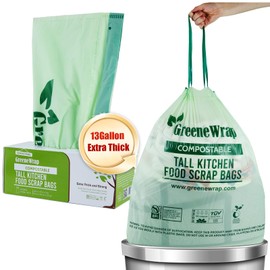 GreeneWrap 13 Gallon Compostable Trash Bags Liner with Drawstring, Heavy Duty Extra Thick 1 Mil, 49.21 Liter, 30 Bags, Tall Kitchen Food Scrap Waste Bag, BPI and OK Compost Home Certified, ASTM D6400