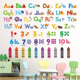 DECOWALL DS8-8044 Coloured with Animal Alphabet Numbers Wall Tattoo Children's Room Decor Peel and Stick Removable ABC Baby Playroom English Children Learning