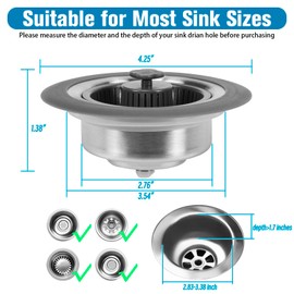Super Helper Upgraded 3 in 1 Kitchen Sink Drain Strainer-Stopper Combo Set,304 Stainless Steel Pop Up Kitchen Sink Stopper,Anti-Clogging Sink Strainer Basket Filter for US Standard 3-1/2 Inch Drain(2)