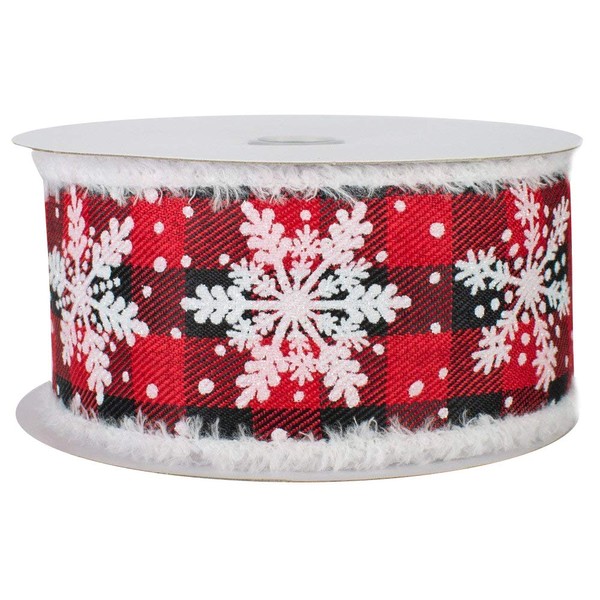 Buffalo Plaid Snowflake Wired Ribbon - 2 1/2" x 10 Yards, Christmas, White Snowflakes on Red & Black Checks, Fuzzy Flocked Edges, Wreath, Farmhouse, Garland, Gifts, Wreath, Wrapping, Bows