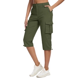 MAGCOMSEN Capri Pants Women Hiking Capri Joggers Stretch Comfy Below Knee Shorts Outdoor Travel Capris Army Green, XL