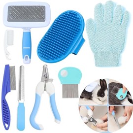 Kit de Aseo de Conejo de 8 Piezas, Cepillo de Aseo de Conejos, Cepillo para Perro, Cepillo de Depilación de Conejo con Cortauñas de Conejo para Conejos, Hámsteres, Conejitos y Cobayas (Azul)