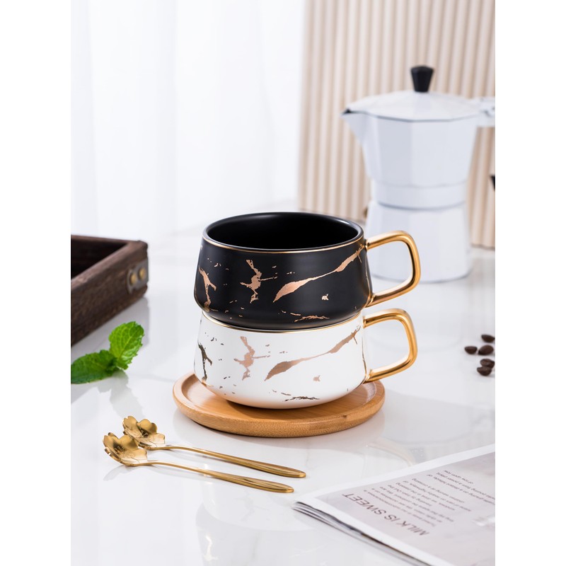 Jusalpha 2 Pack Golden Hand Print Black and White Teacup