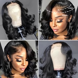 13X6 14inch 230%Density Natural Black Bob Wig Human Hair, Body Wave Wig Human Hair, Short Bob Lace Front Wigs Human Hair, Bob Wigs For Black Women, Pre Plucked With Baby Hair HD Transparent Lace