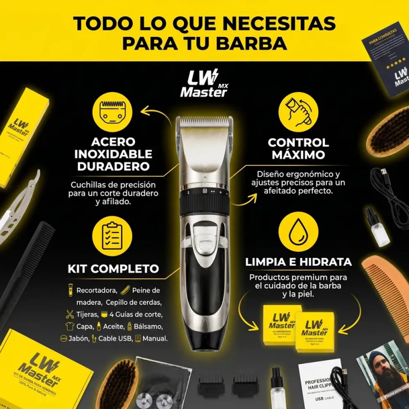 Kit para Barba LWMaster Profesional de 18 Piezas con Recortadora,