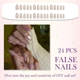 Short Almond Press on Nails Nude Pink with Bling Rhinestones, 24PCS Glossy French Ombre Glitter Fake Nails, ABS Material, 12 Sizes Fit All Nail Beds, Lasting Manicure for 1-3 Weeks