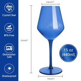 HAHASHOW Colorful Wine Glasses, Unbreakable Set of 6 Long Stem Glass, 15OZ Tritan Plastic Color Drinkware, Dishwasher Available Glassware, Perfect for Birthday, Wedding, Morther's Day Gifts, Blue