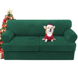 H.VERSAILTEX Sofa Cover 3 Piece T Cushion Sofa Slipcovers Thick Velvet Couch Cover Stretch T Cushion Sofa Covers for 2 Cushion Couch with 2 Individual T Cushion Covers, Vintage Green