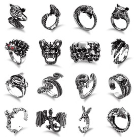 Kakonia 16Pcs Silver Goth Punk Rings Set for Men Women Frog Snake Butterfly Spider Eye Animal Ring Adjustable Cool Gothic Statement Stacking Rings Y2K Accessories