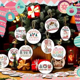 Shellwei 36 Pcs Groovy Hippie Christmas Ornaments Retro Christmas Hanging Ornaments Boho Vintage Xmas Tree Decor Groovy Hippie Wooden Ornament Santa Snowmen Wood Sign for Winter Holiday(Classic)